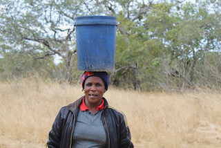 A senior woman carries water in a large blue bucket