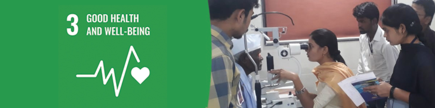 A woman checks the eyesight of a senior man using slit lamp while a few other staff observe. The text on the image says SDG Goal 3 Good Health and Well Being.|A child receives medicine. Text reads SDG Goal 1 No Poverty.|A community health workers uses a flashlight to look into the eyes of a woman. The text reads SDG Goal 5: Gender Equality.|A group of kids wash their hands at a borehole. The text reads SDG Goal 6: Clean Water and Sanitation|A group of three people stand together smiling at the camera. Text reads SDG Goal 17 Partnerships for the Goals